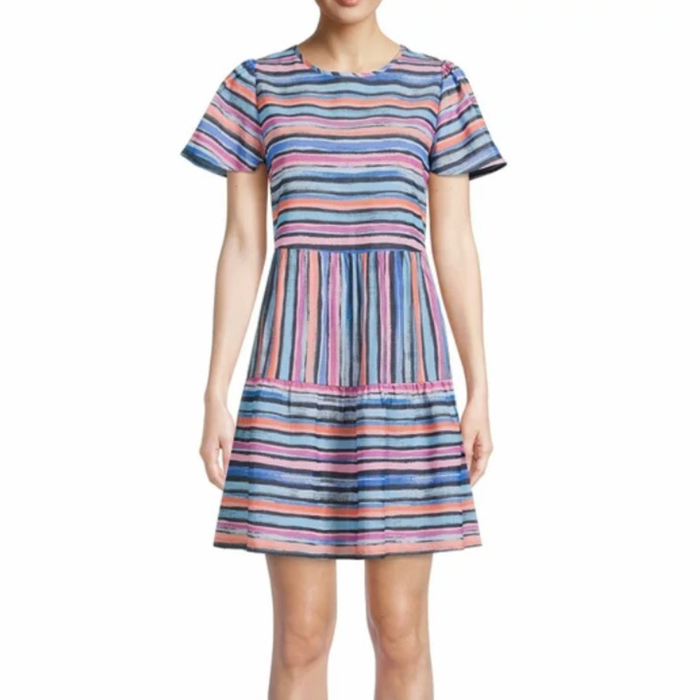 Time and Tru Multicolor Striped Babydoll Short Sleeve Dress Small 4-6 NWT